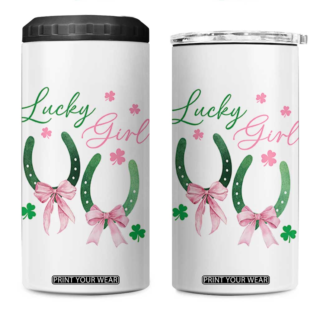 Funny St Patrick's Day Coquette 4 in 1 Can Cooler Tumbler Lucky Girl Horseshoe Pink Bow TS11 One Size: 16 oz White Print Your Wear