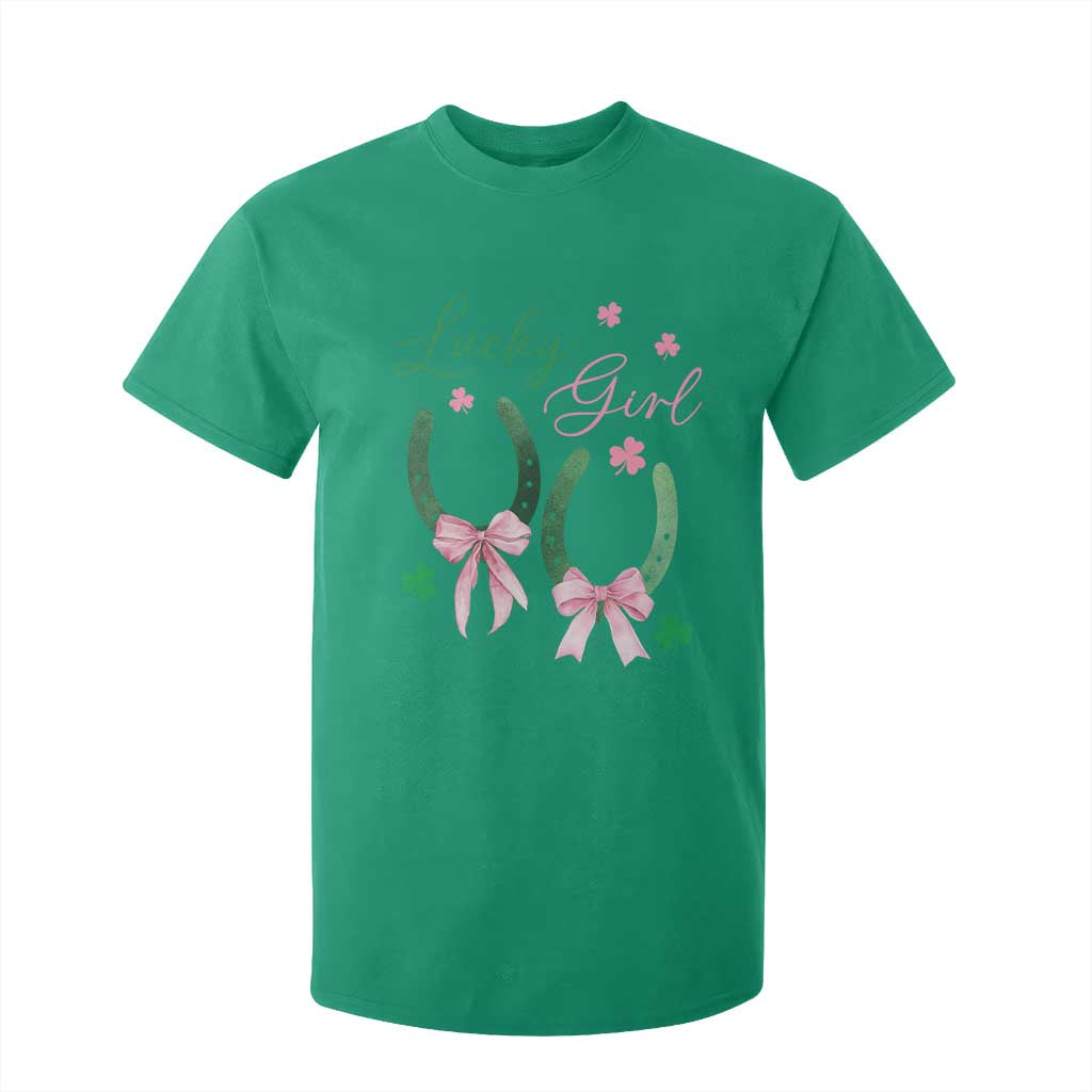 Funny St Patrick's Day Coquette T Shirt For Kid Lucky Girl Horseshoe Pink Bow TS11 Irish Green Print Your Wear