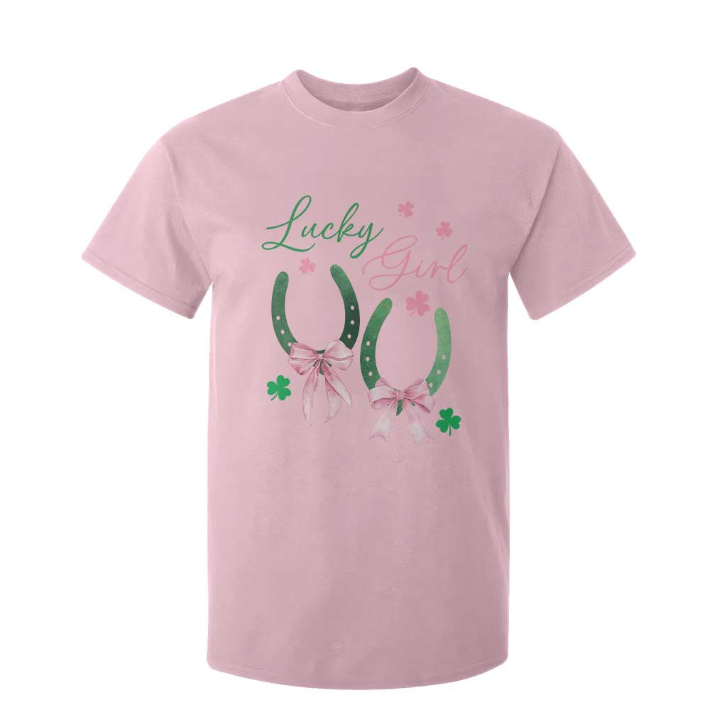 Funny St Patrick's Day Coquette T Shirt For Kid Lucky Girl Horseshoe Pink Bow TS11 Light Pink Print Your Wear