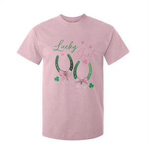 Funny St Patrick's Day Coquette T Shirt For Kid Lucky Girl Horseshoe Pink Bow TS11 Light Pink Print Your Wear