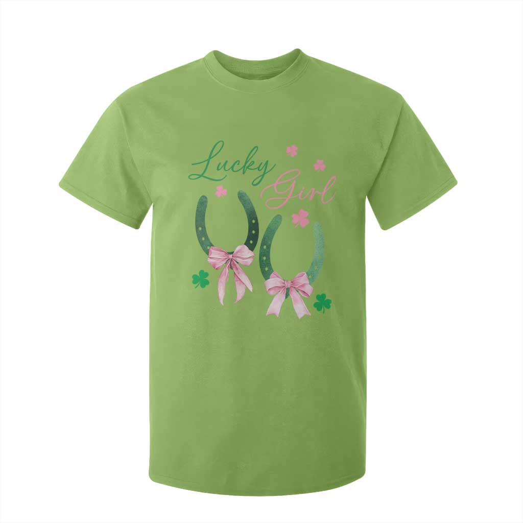 Funny St Patrick's Day Coquette T Shirt For Kid Lucky Girl Horseshoe Pink Bow TS11 Lime Print Your Wear
