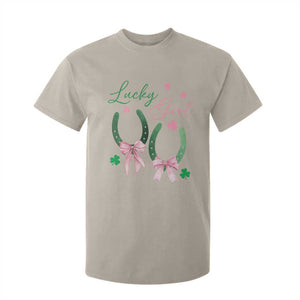 Funny St Patrick's Day Coquette T Shirt For Kid Lucky Girl Horseshoe Pink Bow TS11 Sand Print Your Wear