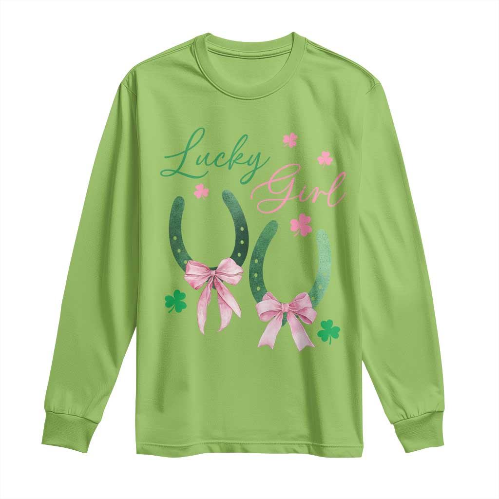 Funny St Patrick's Day Coquette Long Sleeve Shirt Lucky Girl Horseshoe Pink Bow TS11 Lime Print Your Wear