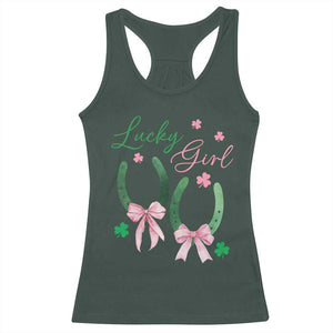 Funny St Patrick's Day Coquette Racerback Tank Top Lucky Girl Horseshoe Pink Bow TS11 Dark Forest Green Print Your Wear