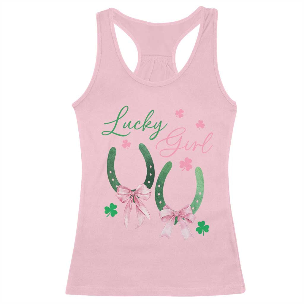 Funny St Patrick's Day Coquette Racerback Tank Top Lucky Girl Horseshoe Pink Bow TS11 Light Pink Print Your Wear
