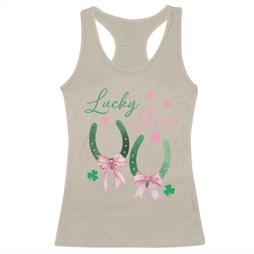 Funny St Patrick's Day Coquette Racerback Tank Top Lucky Girl Horseshoe Pink Bow TS11 Sand Print Your Wear