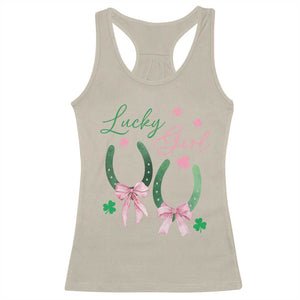 Funny St Patrick's Day Coquette Racerback Tank Top Lucky Girl Horseshoe Pink Bow TS11 Sand Print Your Wear