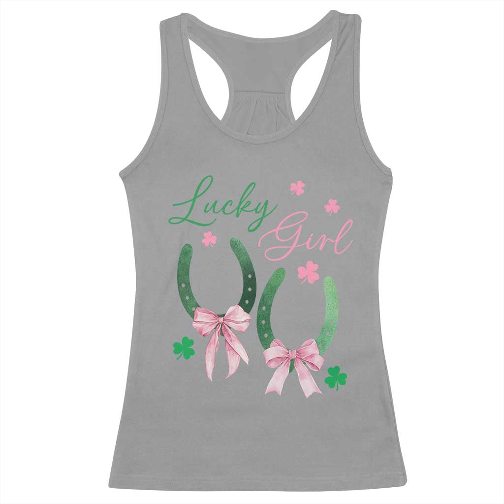 Funny St Patrick's Day Coquette Racerback Tank Top Lucky Girl Horseshoe Pink Bow TS11 Sport Gray Print Your Wear