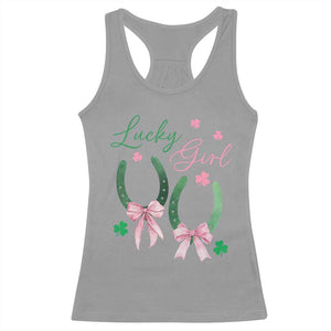 Funny St Patrick's Day Coquette Racerback Tank Top Lucky Girl Horseshoe Pink Bow TS11 Sport Gray Print Your Wear
