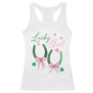 Funny St Patrick's Day Coquette Racerback Tank Top Lucky Girl Horseshoe Pink Bow TS11 White Print Your Wear