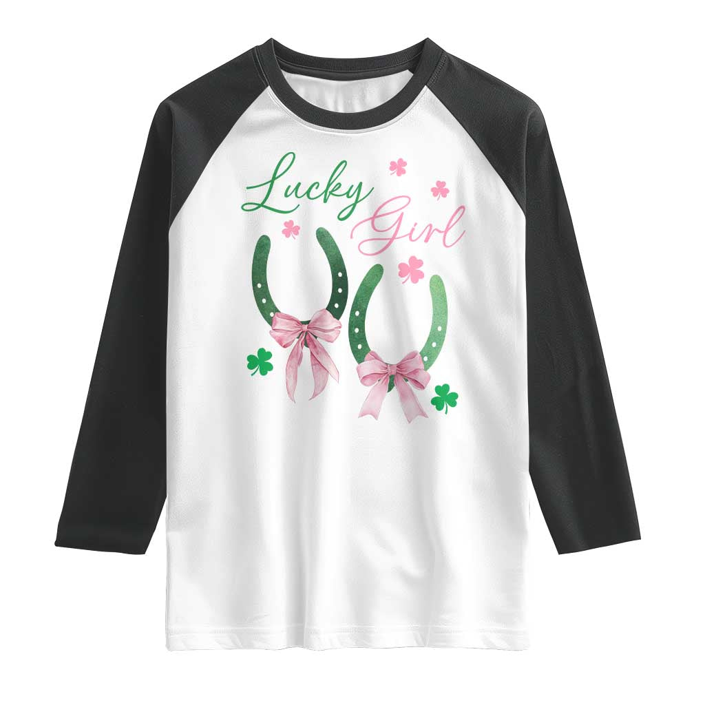Funny St Patrick's Day Coquette Raglan Shirt Lucky Girl Horseshoe Pink Bow TS11 White Black Print Your Wear