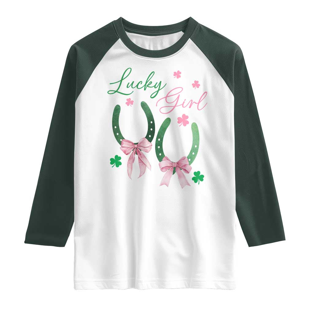 Funny St Patrick's Day Coquette Raglan Shirt Lucky Girl Horseshoe Pink Bow TS11 White Dark Forest Green Print Your Wear