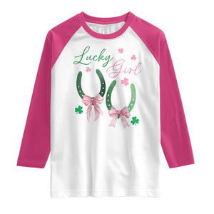 Funny St Patrick's Day Coquette Raglan Shirt Lucky Girl Horseshoe Pink Bow TS11 White Heliconia Print Your Wear