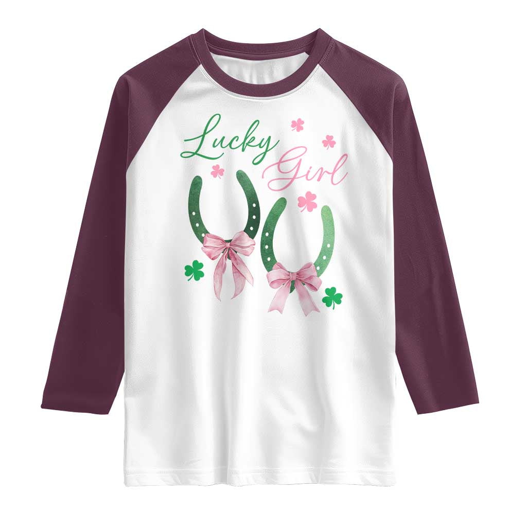 Funny St Patrick's Day Coquette Raglan Shirt Lucky Girl Horseshoe Pink Bow TS11 White Maroon Print Your Wear