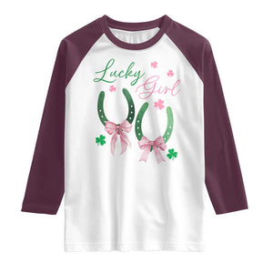 Funny St Patrick's Day Coquette Raglan Shirt Lucky Girl Horseshoe Pink Bow TS11 White Maroon Print Your Wear