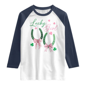 Funny St Patrick's Day Coquette Raglan Shirt Lucky Girl Horseshoe Pink Bow TS11 White Navy Print Your Wear
