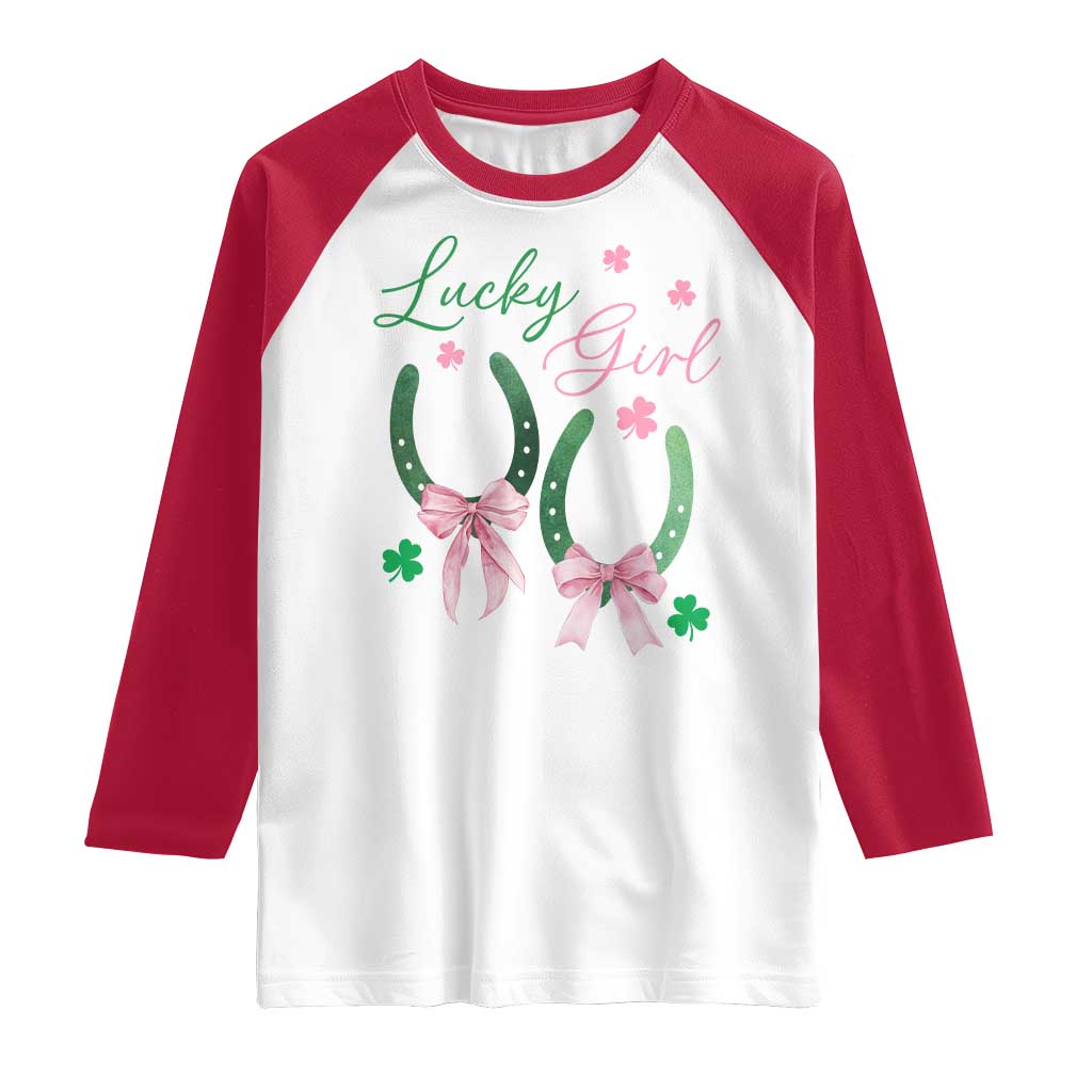 Funny St Patrick's Day Coquette Raglan Shirt Lucky Girl Horseshoe Pink Bow TS11 White Red Print Your Wear