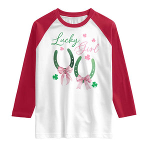 Funny St Patrick's Day Coquette Raglan Shirt Lucky Girl Horseshoe Pink Bow TS11 White Red Print Your Wear