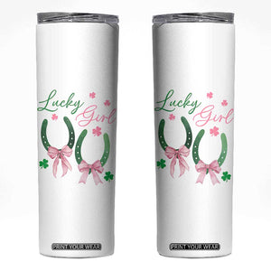 Funny St Patrick's Day Coquette Skinny Tumbler Lucky Girl Horseshoe Pink Bow TS11 White Print Your Wear