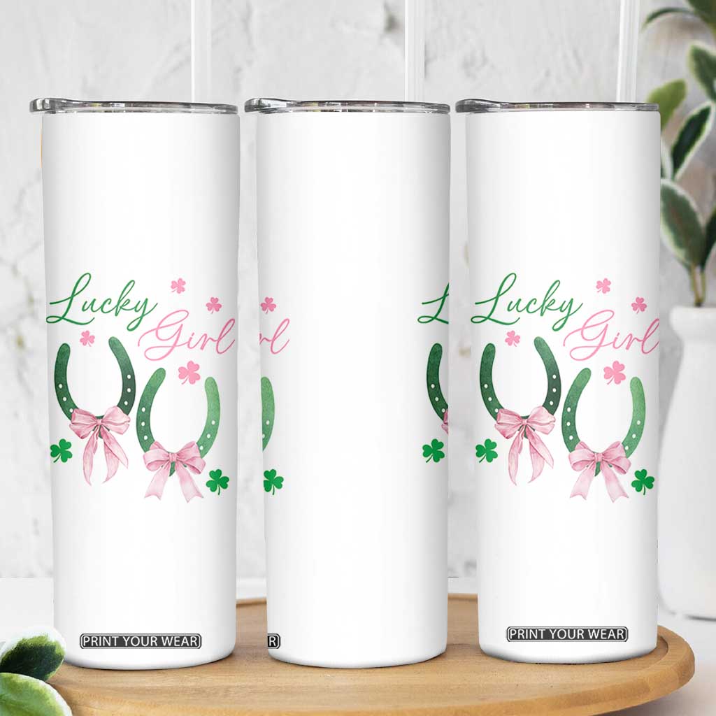 Funny St Patrick's Day Coquette Skinny Tumbler Lucky Girl Horseshoe Pink Bow TS11 Print Your Wear