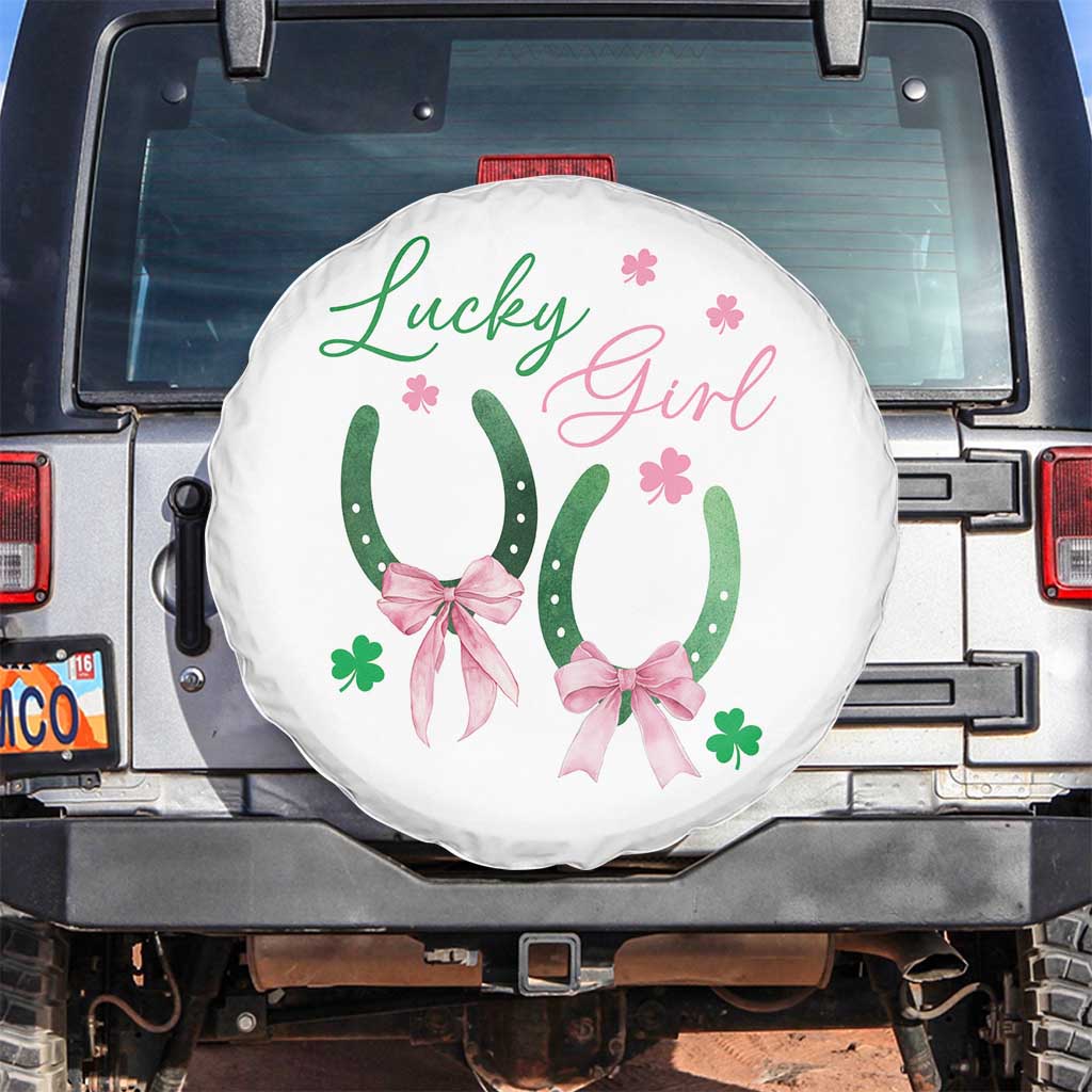 Funny St Patrick's Day Coquette Spare Tire Cover Lucky Girl Horseshoe Pink Bow TS11 No hole White Print Your Wear