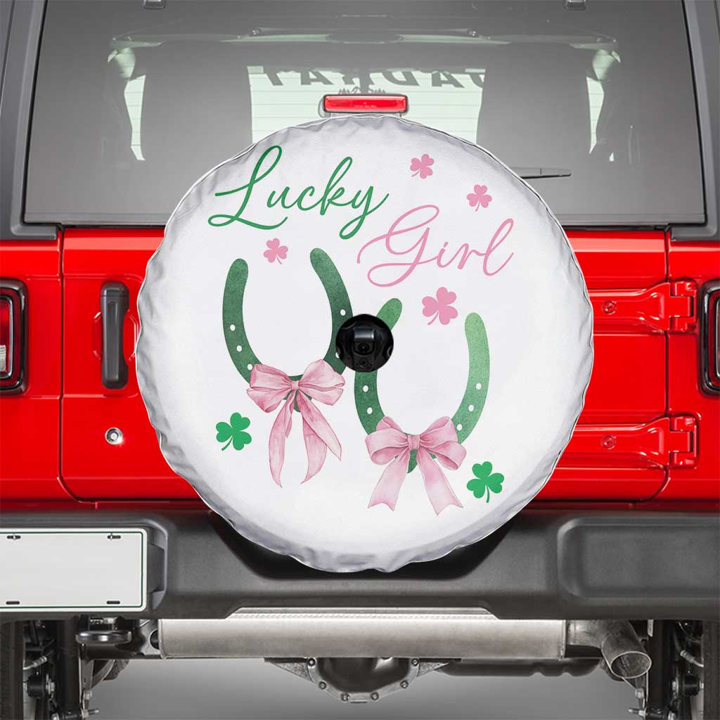Funny St Patrick's Day Coquette Spare Tire Cover Lucky Girl Horseshoe Pink Bow TS11 White Print Your Wear