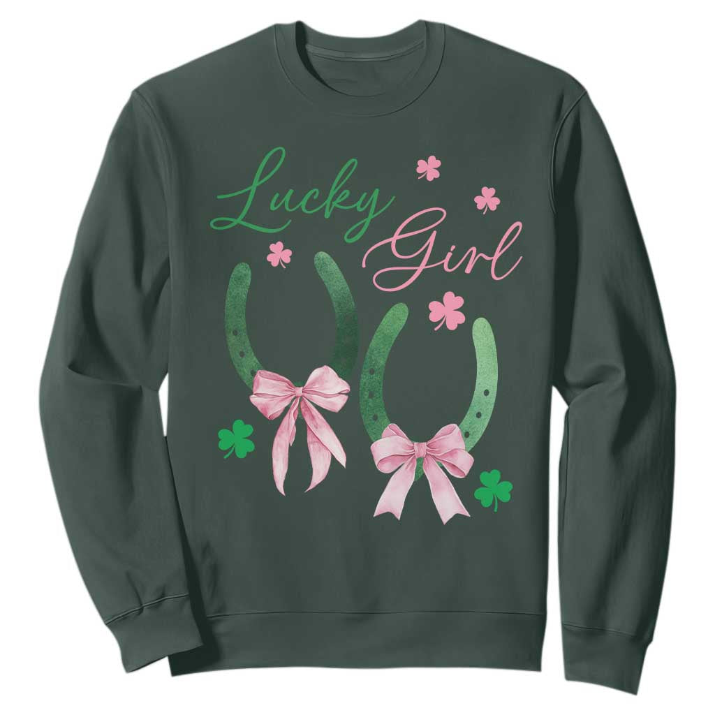 Funny St Patrick's Day Coquette Sweatshirt Lucky Girl Horseshoe Pink Bow TS11 Dark Forest Green Print Your Wear