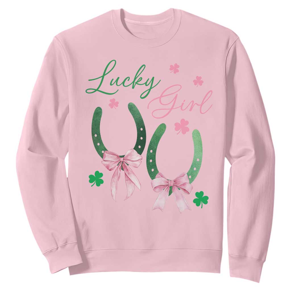 Funny St Patrick's Day Coquette Sweatshirt Lucky Girl Horseshoe Pink Bow TS11 Light Pink Print Your Wear