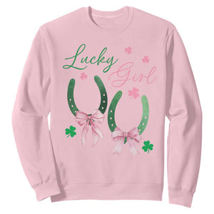Funny St Patrick's Day Coquette Sweatshirt Lucky Girl Horseshoe Pink Bow TS11 Light Pink Print Your Wear