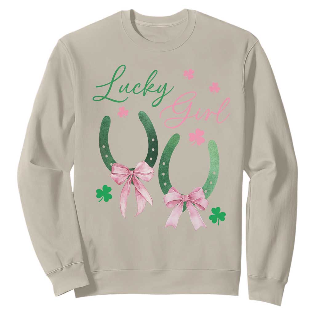 Funny St Patrick's Day Coquette Sweatshirt Lucky Girl Horseshoe Pink Bow TS11 Sand Print Your Wear