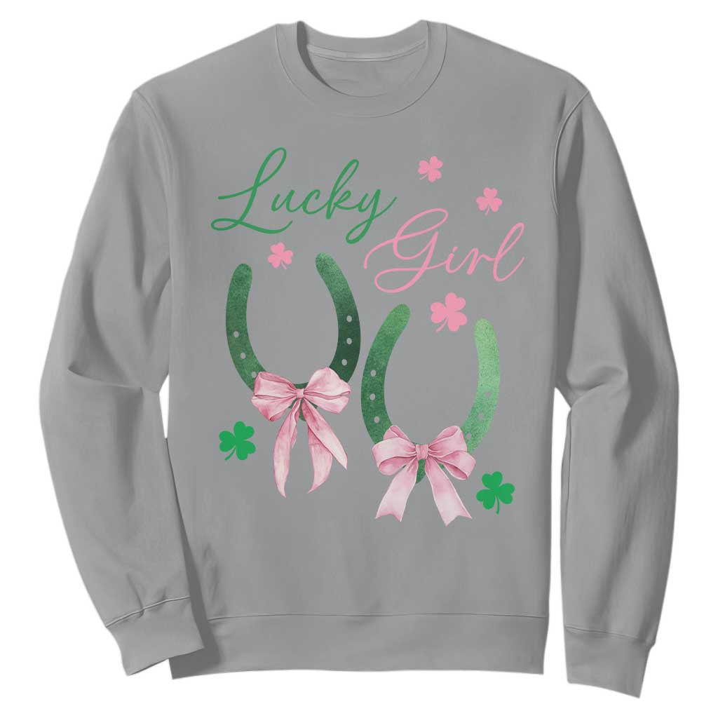Funny St Patrick's Day Coquette Sweatshirt Lucky Girl Horseshoe Pink Bow TS11 Sport Gray Print Your Wear