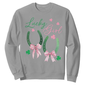 Funny St Patrick's Day Coquette Sweatshirt Lucky Girl Horseshoe Pink Bow TS11 Sport Gray Print Your Wear