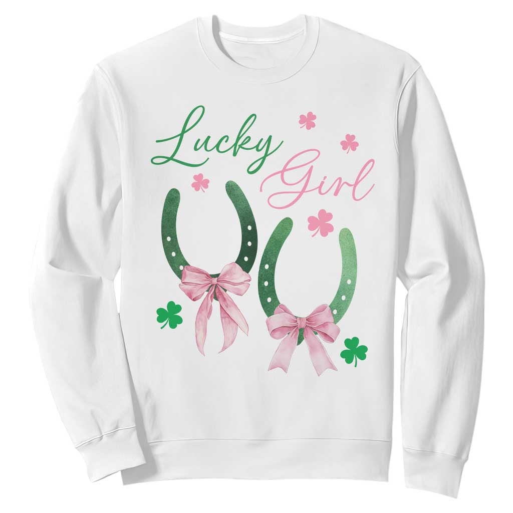 Funny St Patrick's Day Coquette Sweatshirt Lucky Girl Horseshoe Pink Bow TS11 White Print Your Wear