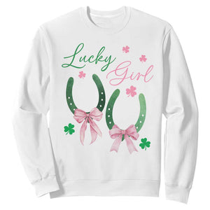 Funny St Patrick's Day Coquette Sweatshirt Lucky Girl Horseshoe Pink Bow TS11 White Print Your Wear