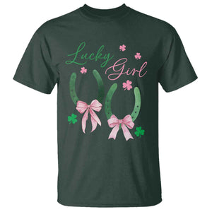 Funny St Patrick's Day Coquette T Shirt Lucky Girl Horseshoe Pink Bow TS11 Dark Forest Green Print Your Wear