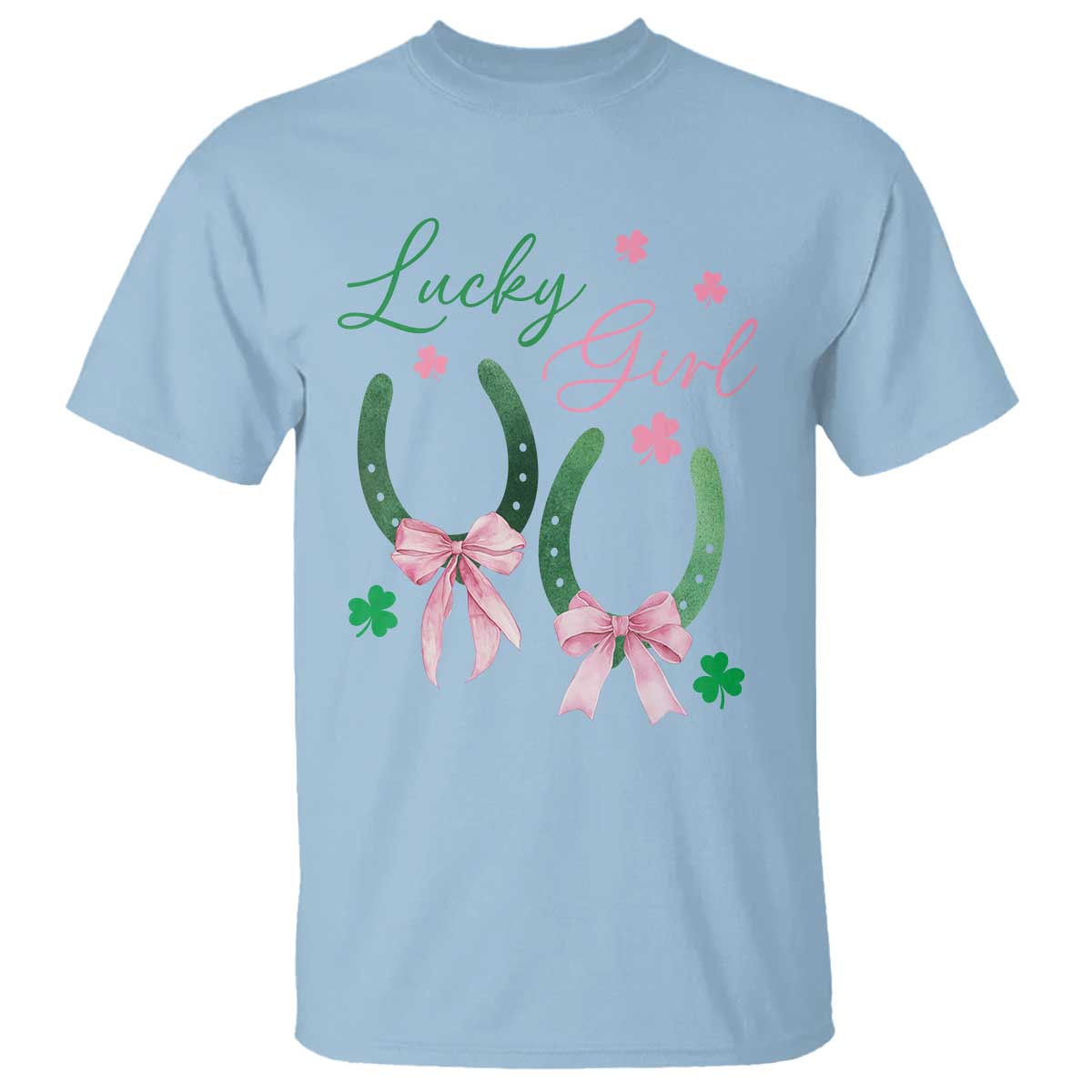 Funny St Patrick's Day Coquette T Shirt Lucky Girl Horseshoe Pink Bow TS11 Light Blue Print Your Wear