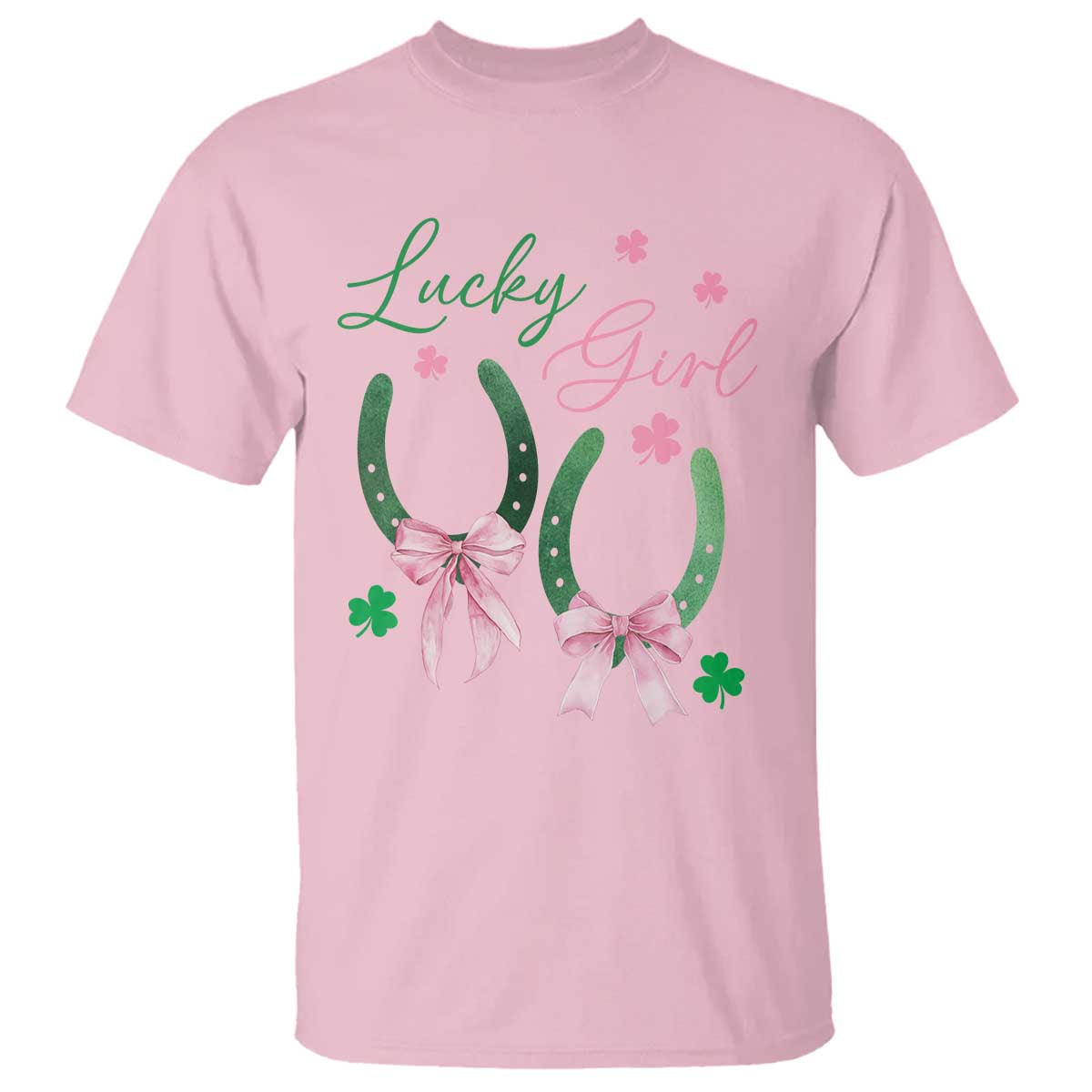 Funny St Patrick's Day Coquette T Shirt Lucky Girl Horseshoe Pink Bow TS11 Light Pink Print Your Wear