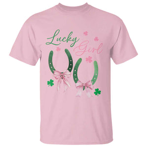 Funny St Patrick's Day Coquette T Shirt Lucky Girl Horseshoe Pink Bow TS11 Light Pink Print Your Wear