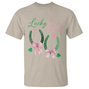 Funny St Patrick's Day Coquette T Shirt Lucky Girl Horseshoe Pink Bow TS11 Sand Print Your Wear