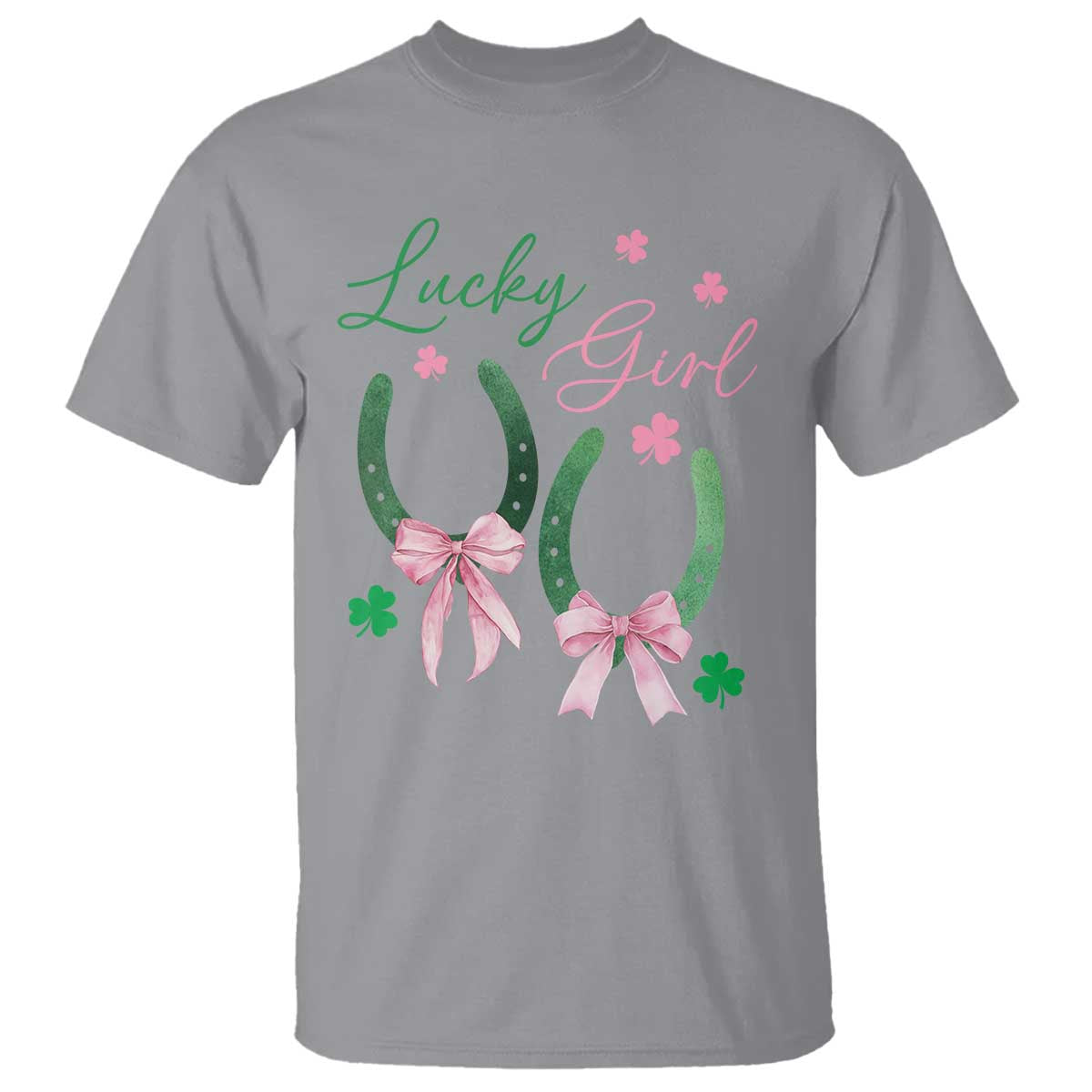 Funny St Patrick's Day Coquette T Shirt Lucky Girl Horseshoe Pink Bow TS11 Sport Gray Print Your Wear