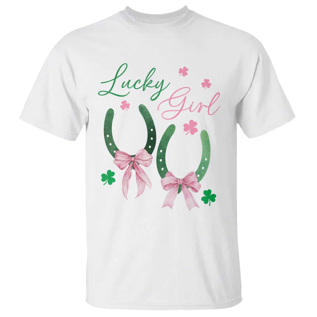 Funny St Patrick's Day Coquette T Shirt Lucky Girl Horseshoe Pink Bow TS11 White Print Your Wear
