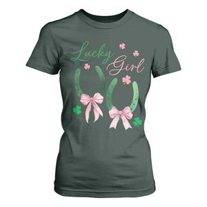 Funny St Patrick's Day Coquette T Shirt For Women Lucky Girl Horseshoe Pink Bow TS11 Dark Forest Green Print Your Wear