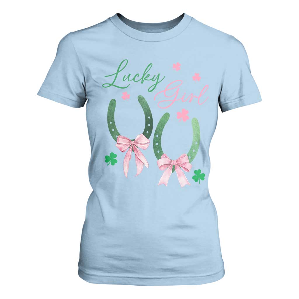 Funny St Patrick's Day Coquette T Shirt For Women Lucky Girl Horseshoe Pink Bow TS11 Light Blue Print Your Wear