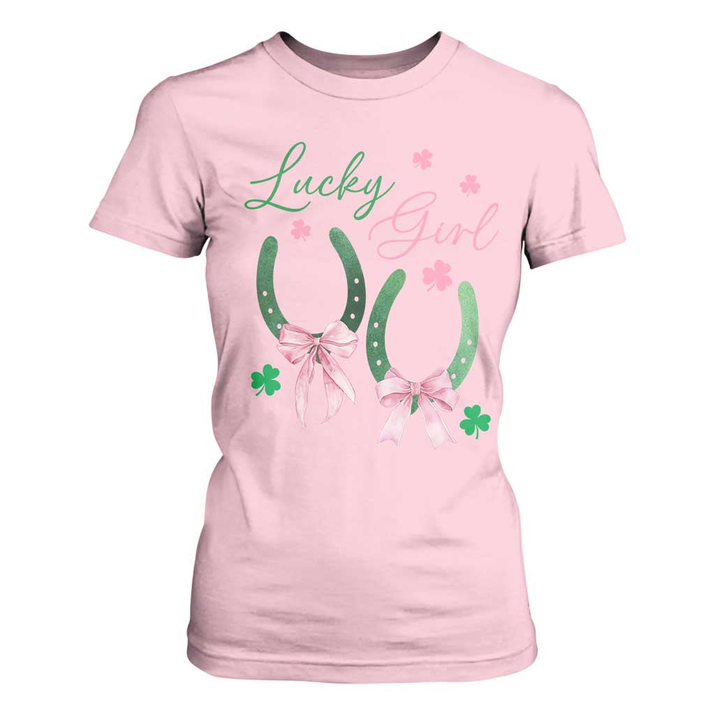 Funny St Patrick's Day Coquette T Shirt For Women Lucky Girl Horseshoe Pink Bow TS11 Light Pink Print Your Wear