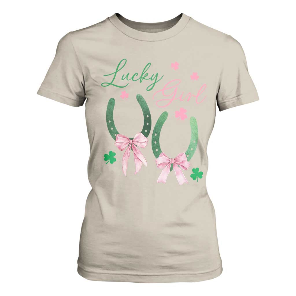 Funny St Patrick's Day Coquette T Shirt For Women Lucky Girl Horseshoe Pink Bow TS11 Sand Print Your Wear