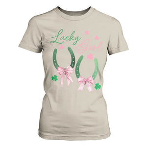 Funny St Patrick's Day Coquette T Shirt For Women Lucky Girl Horseshoe Pink Bow TS11 Sand Print Your Wear