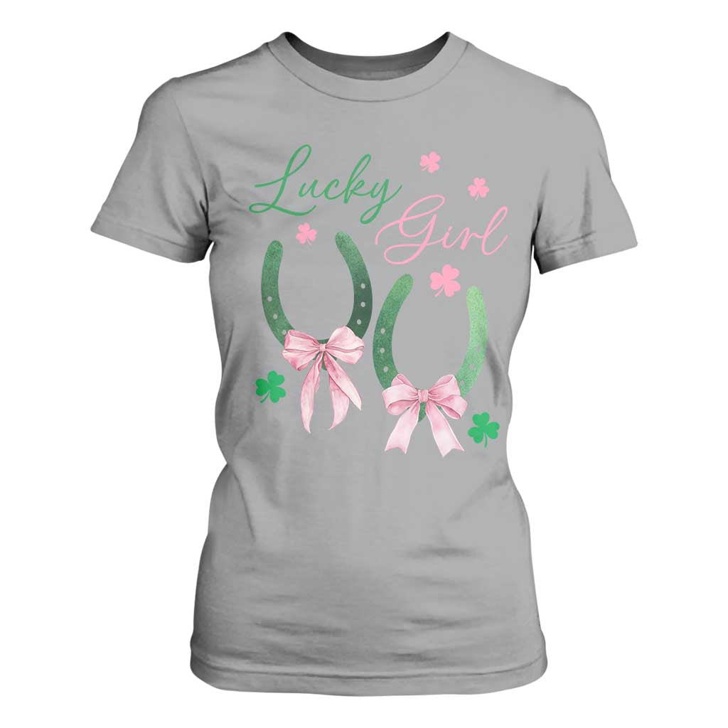 Funny St Patrick's Day Coquette T Shirt For Women Lucky Girl Horseshoe Pink Bow TS11 Sport Gray Print Your Wear