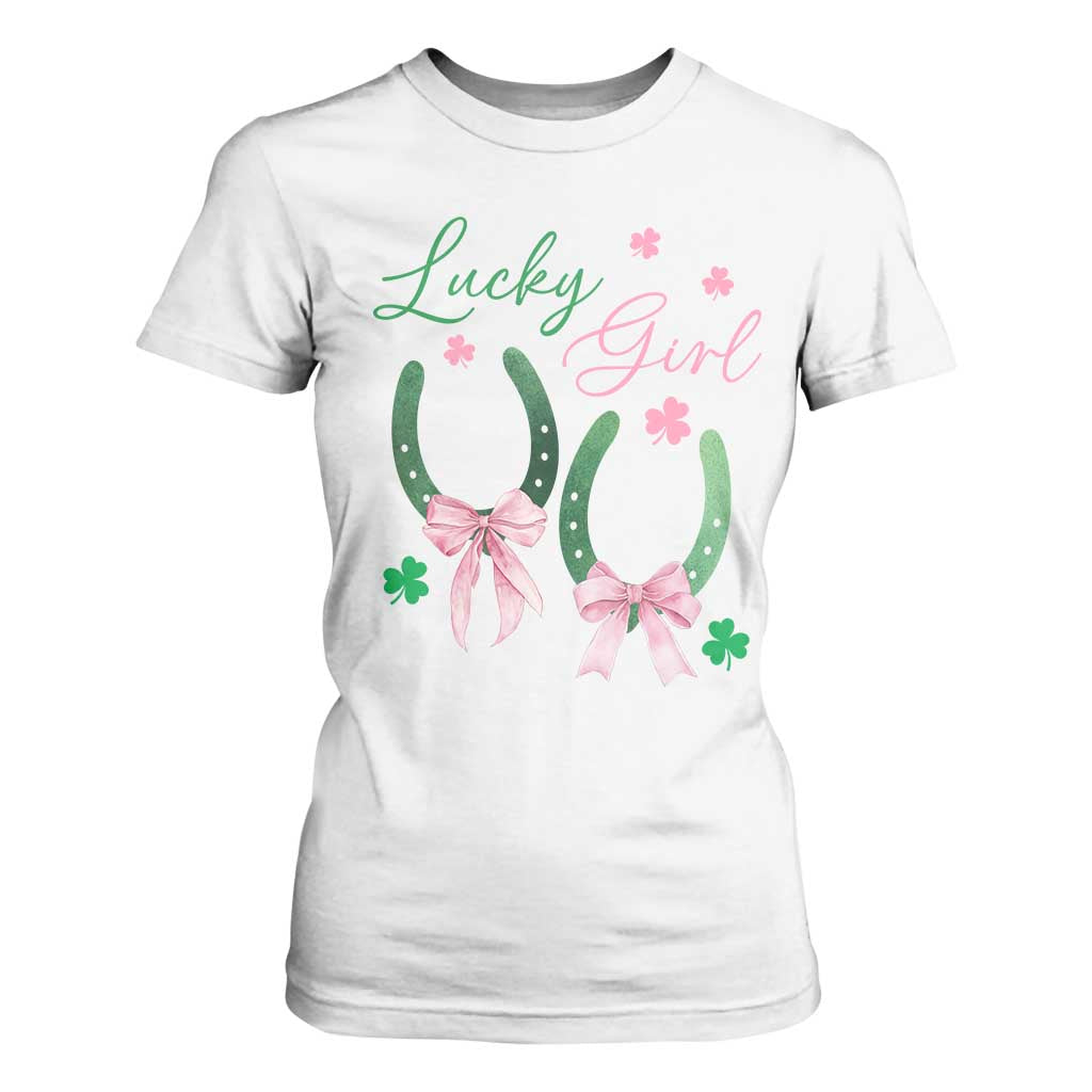 Funny St Patrick's Day Coquette T Shirt For Women Lucky Girl Horseshoe Pink Bow TS11 White Print Your Wear