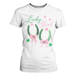 Funny St Patrick's Day Coquette T Shirt For Women Lucky Girl Horseshoe Pink Bow TS11 White Print Your Wear
