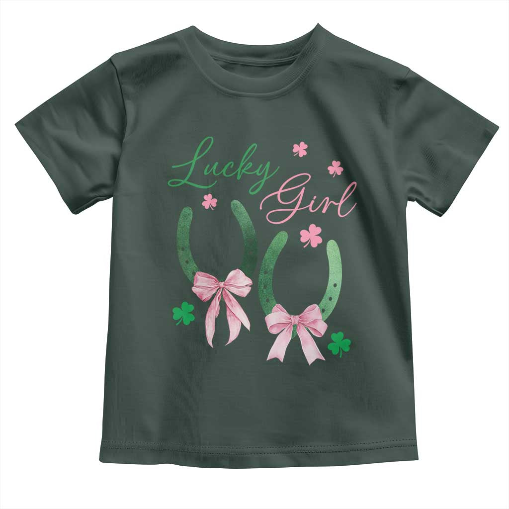 Funny St Patrick's Day Coquette Toddler T Shirt Lucky Girl Horseshoe Pink Bow TS11 Dark Forest Green Print Your Wear